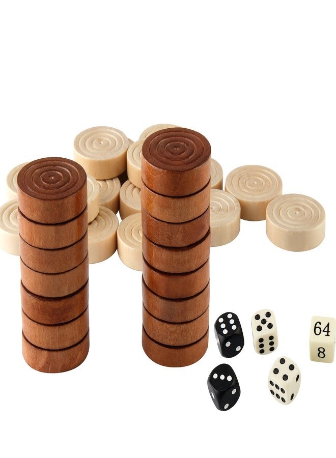 Amerous Thread Wooden Checkers Pieces Nature Wood Backgammon Pieces with Drawstring Bag, 5 Dices Included - Image 2